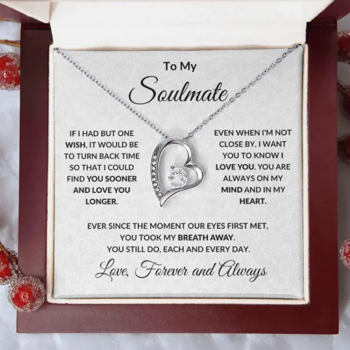 Necklace with heart design in a gift box with sentimental message